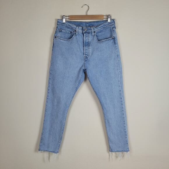 Levis 501 Jeans 31x28 Blue Denim Light Wash Button Fly Raw Hem Skinny High Rise - Picture 2 of 11
